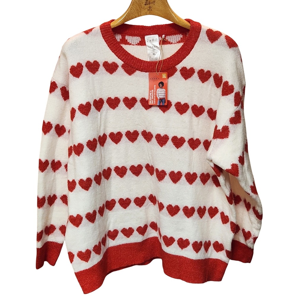 Serra Valentines Day Heart Sweater Womens XL Red White Metallic Knit Pullover